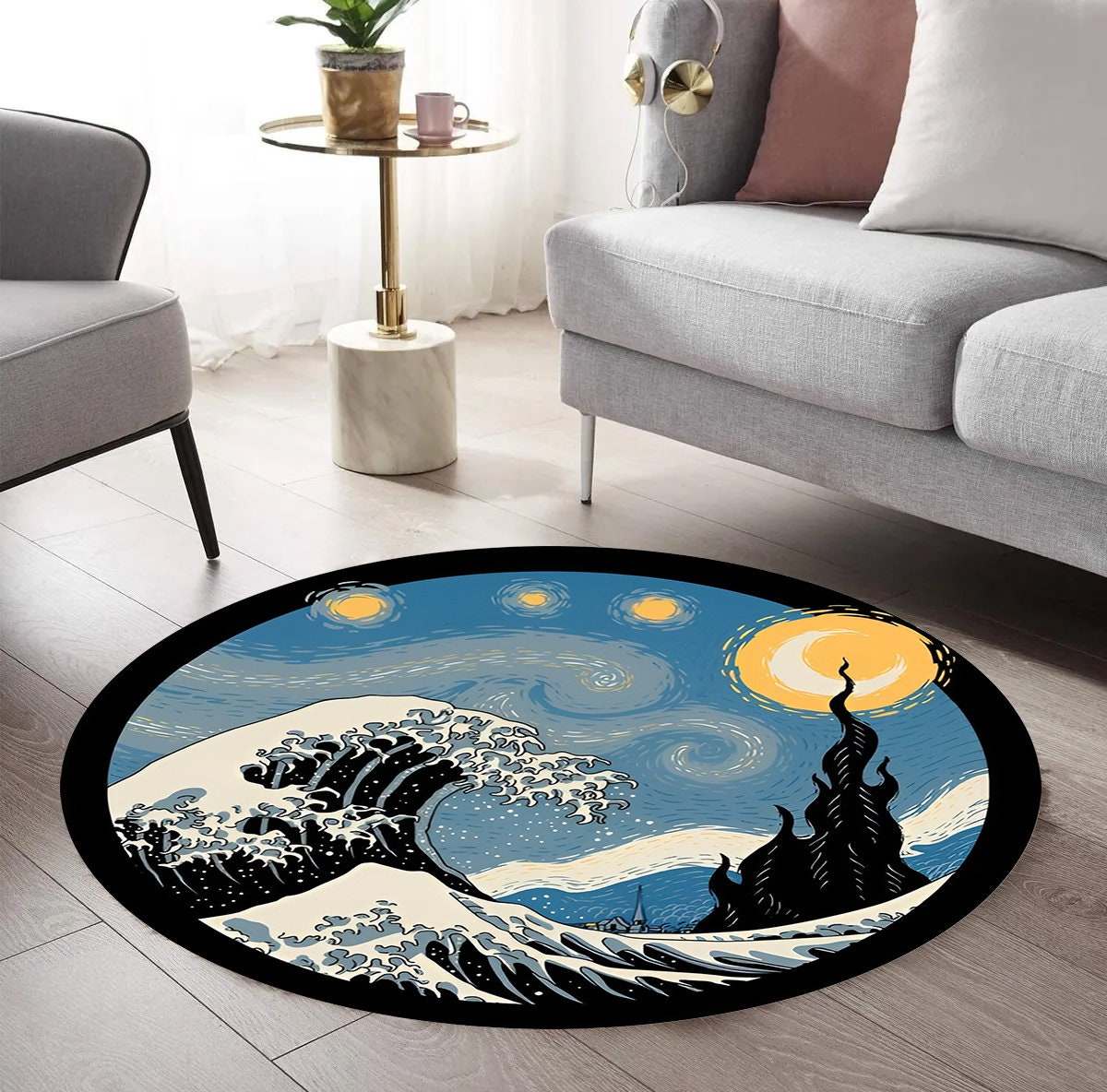 Just Rugging Rounded Rug Van Gogh Starry NightNon-Slip Rug Washable Mat Child Stain Resistant Living Room Kitchen Carpet