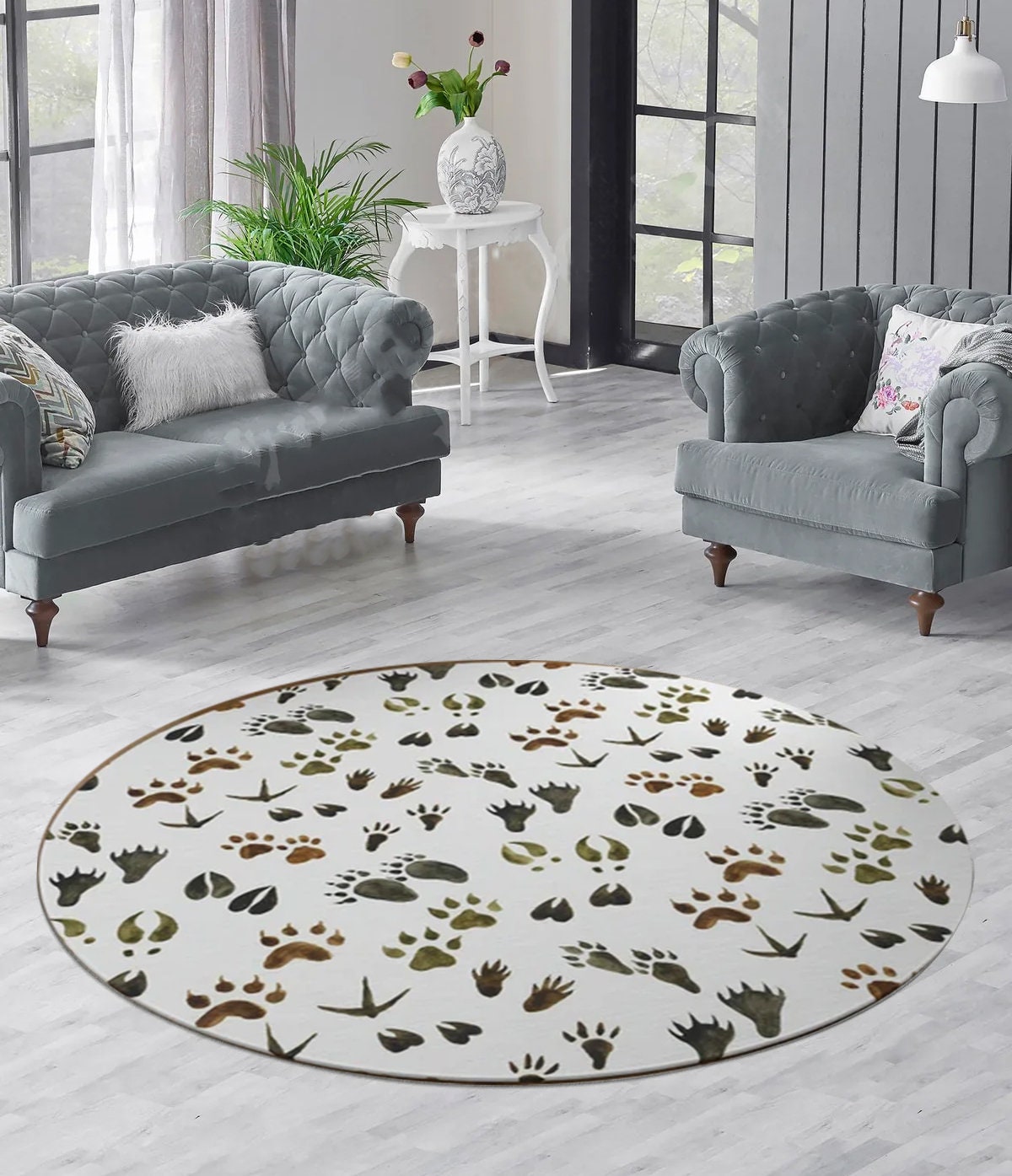 Just Rugging Rounded Rug Animal Tracks RugNon-Slip Rug Washable Mat Child Stain Resistant Living Room Kitchen Carpet