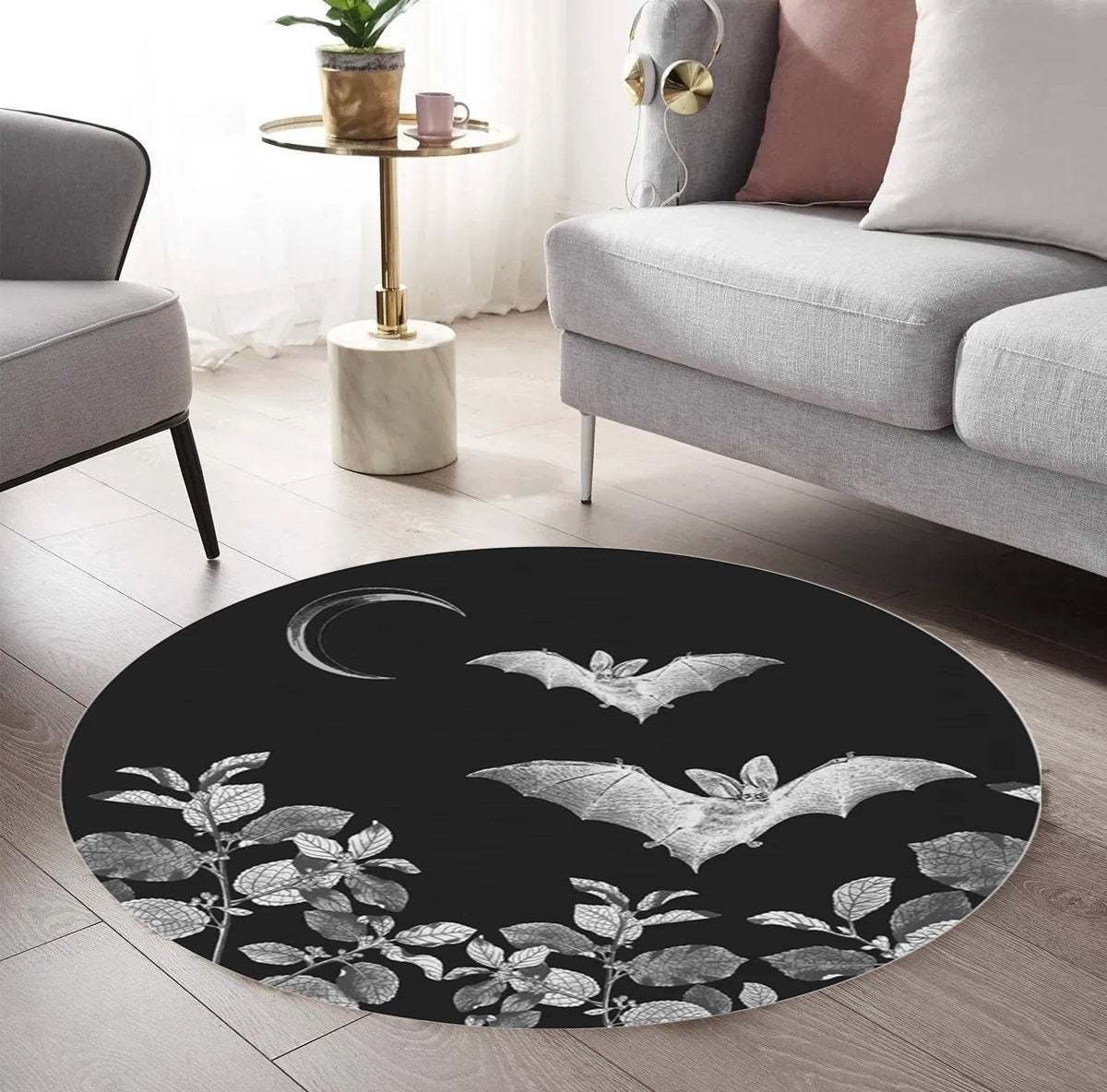 Just Rugging Rounded Rug Gothic Bats DesignNon-Slip Rug Washable Mat Child Stain Resistant Living Room Kitchen Carpet