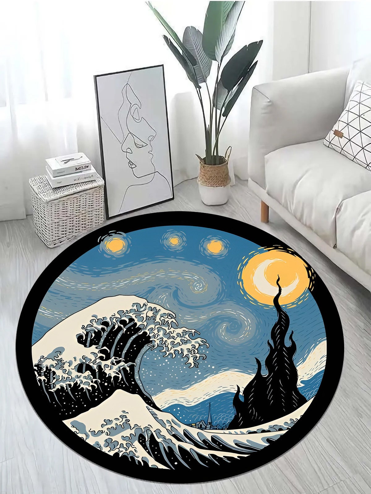 Just Rugging Rounded Rug Van Gogh Starry NightNon-Slip Rug Washable Mat Child Stain Resistant Living Room Kitchen Carpet