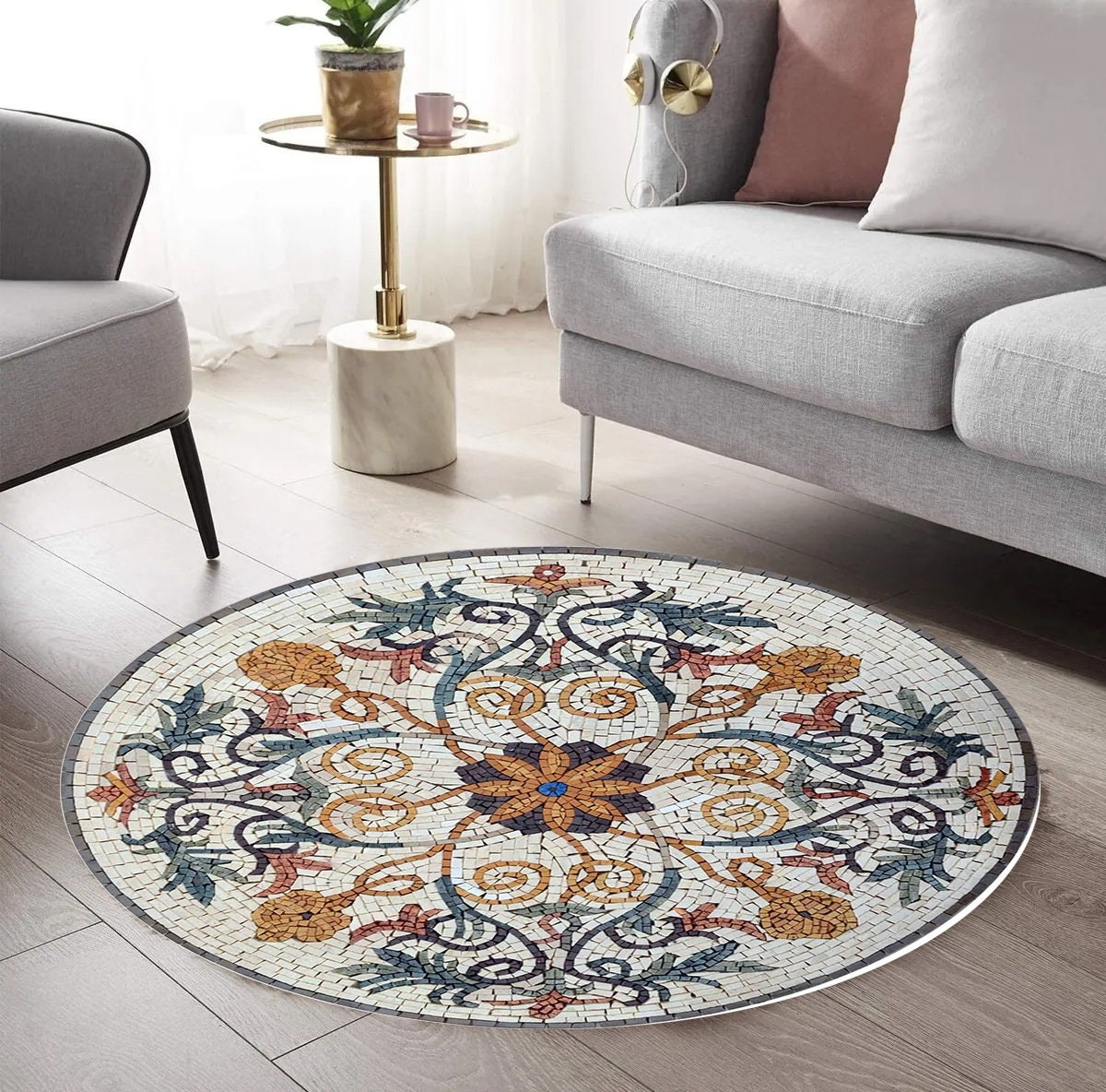 Just Rugging Rounded Rug Mosaic Circle RugNon-Slip Rug Washable Mat Child Stain Resistant Living Room Kitchen Carpet