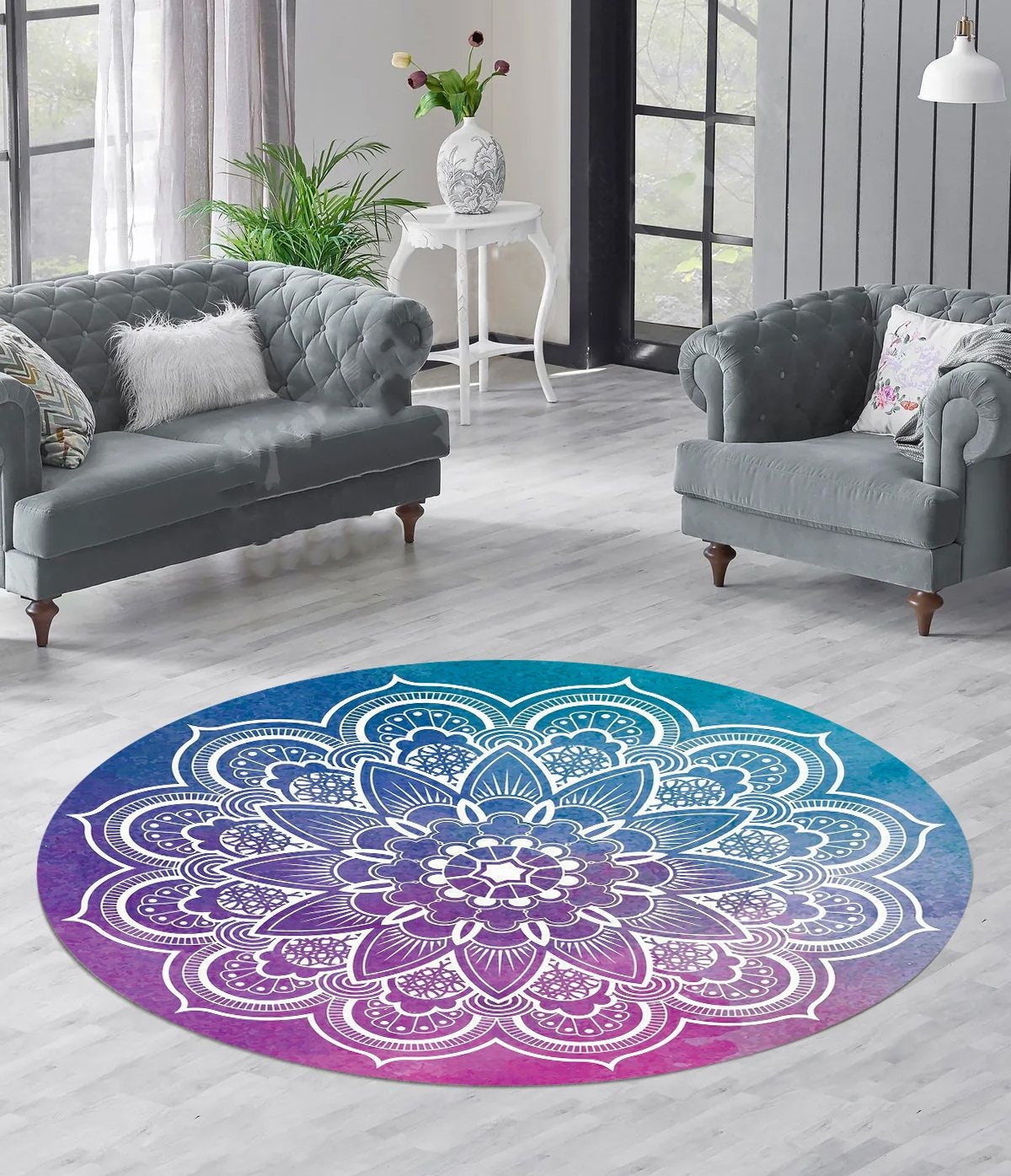 Just Rugging Rounded Rug Mandala Round RugNon-Slip Rug Washable Mat Child Stain Resistant Living Room Kitchen Carpet
