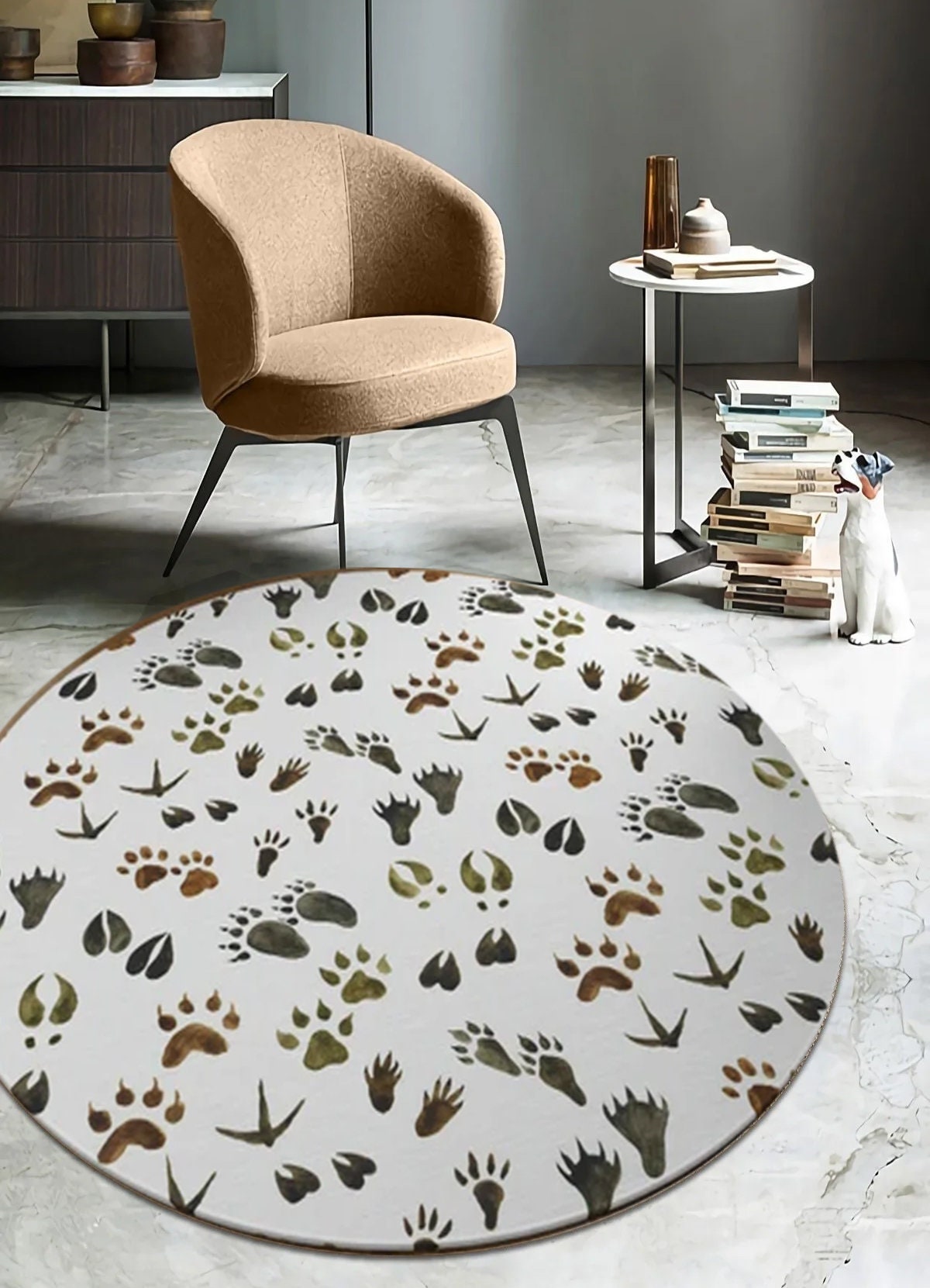 Just Rugging Rounded Rug Animal Tracks RugNon-Slip Rug Washable Mat Child Stain Resistant Living Room Kitchen Carpet