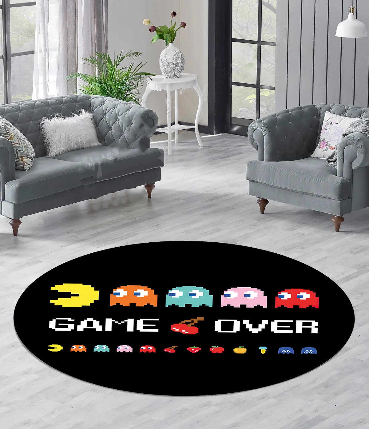 Just Rugging Rounded Rug Classic Retro Arcade Game Round RugNon-Slip Rug Washable Mat Child Stain Resistant Living Room Kitchen Carpet