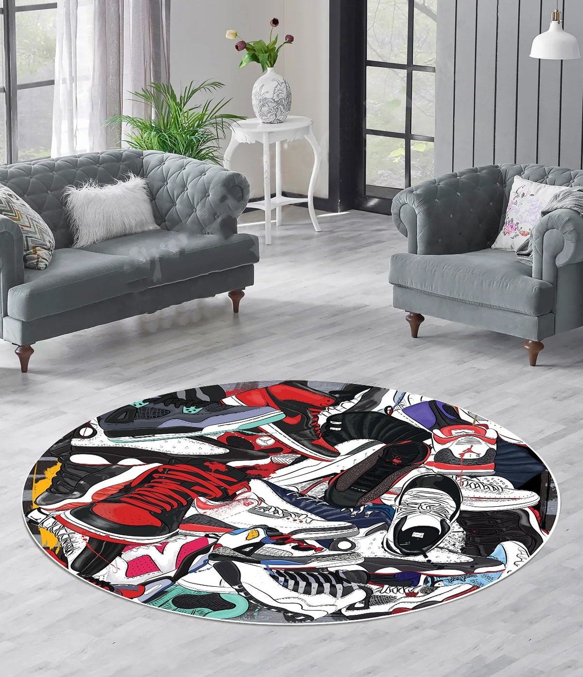 Just Rugging Rounded Rug Cool Sneakers RugNon-Slip Rug Washable Mat Child Stain Resistant Living Room Kitchen Carpet