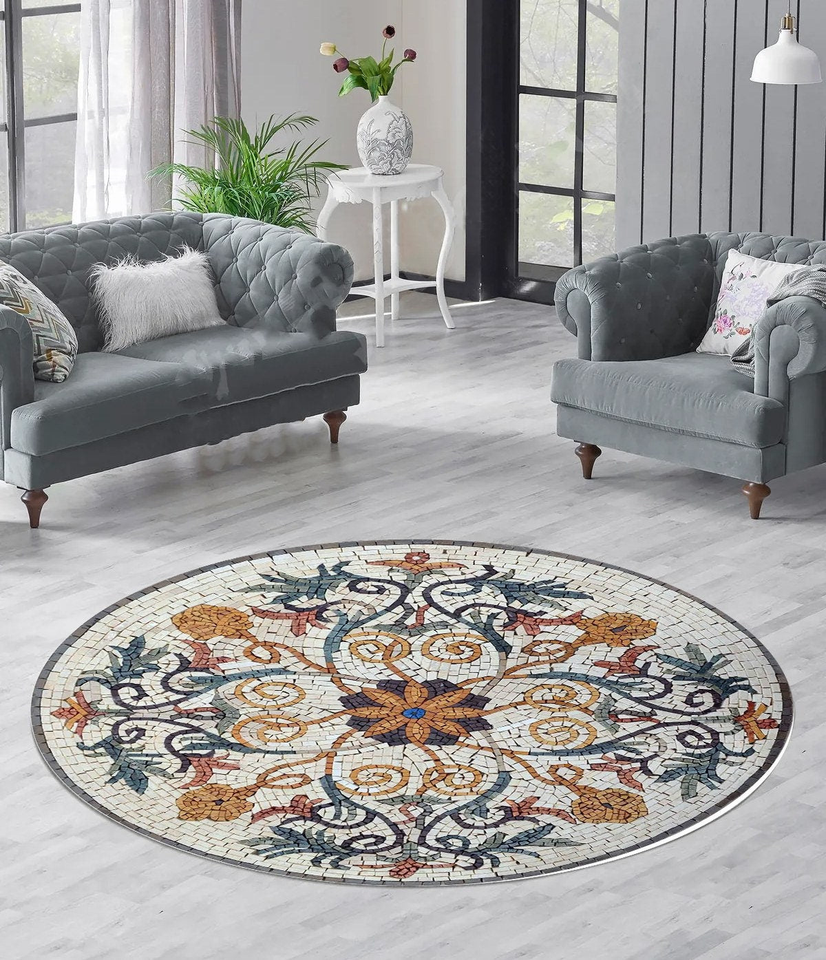 Just Rugging Rounded Rug Mosaic Circle RugNon-Slip Rug Washable Mat Child Stain Resistant Living Room Kitchen Carpet