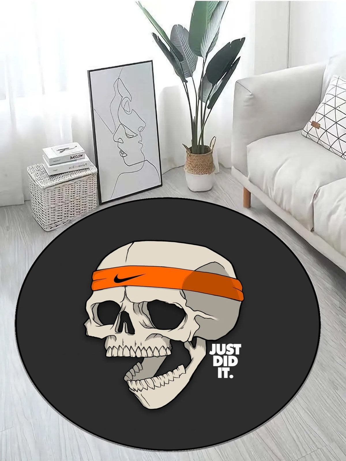 Just Rugging Rounded Rug Skull Art Round RugNon-Slip Rug Washable Mat Child Stain Resistant Living Room Kitchen Carpet