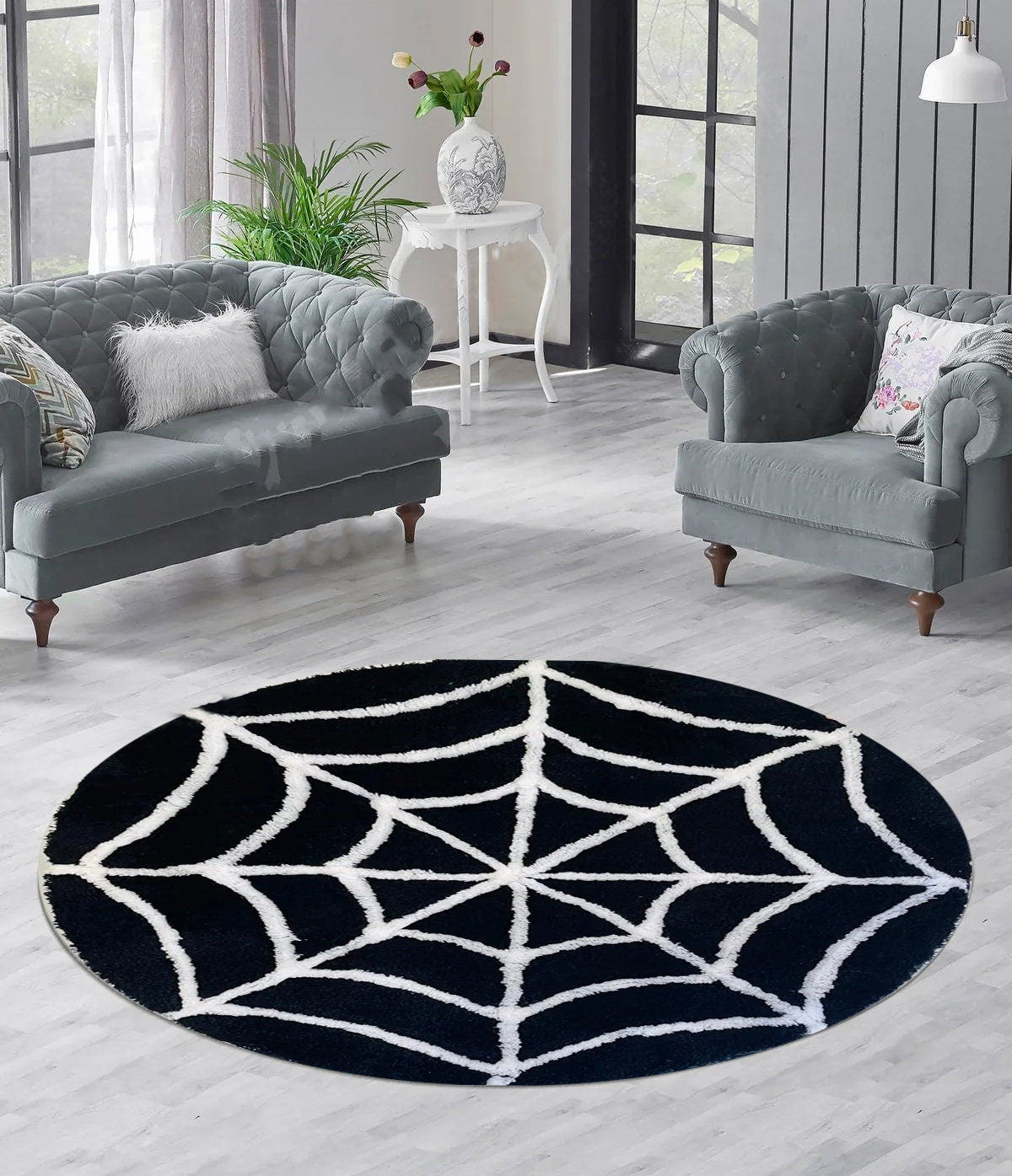 Just Rugging Rounded Rug Spider Web Home Decor RugNon-Slip Rug Washable Mat Child Stain Resistant Living Room Kitchen Carpet