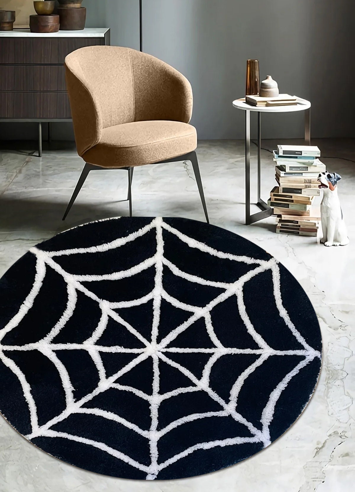 Just Rugging Rounded Rug Spider Web Home Decor RugNon-Slip Rug Washable Mat Child Stain Resistant Living Room Kitchen Carpet