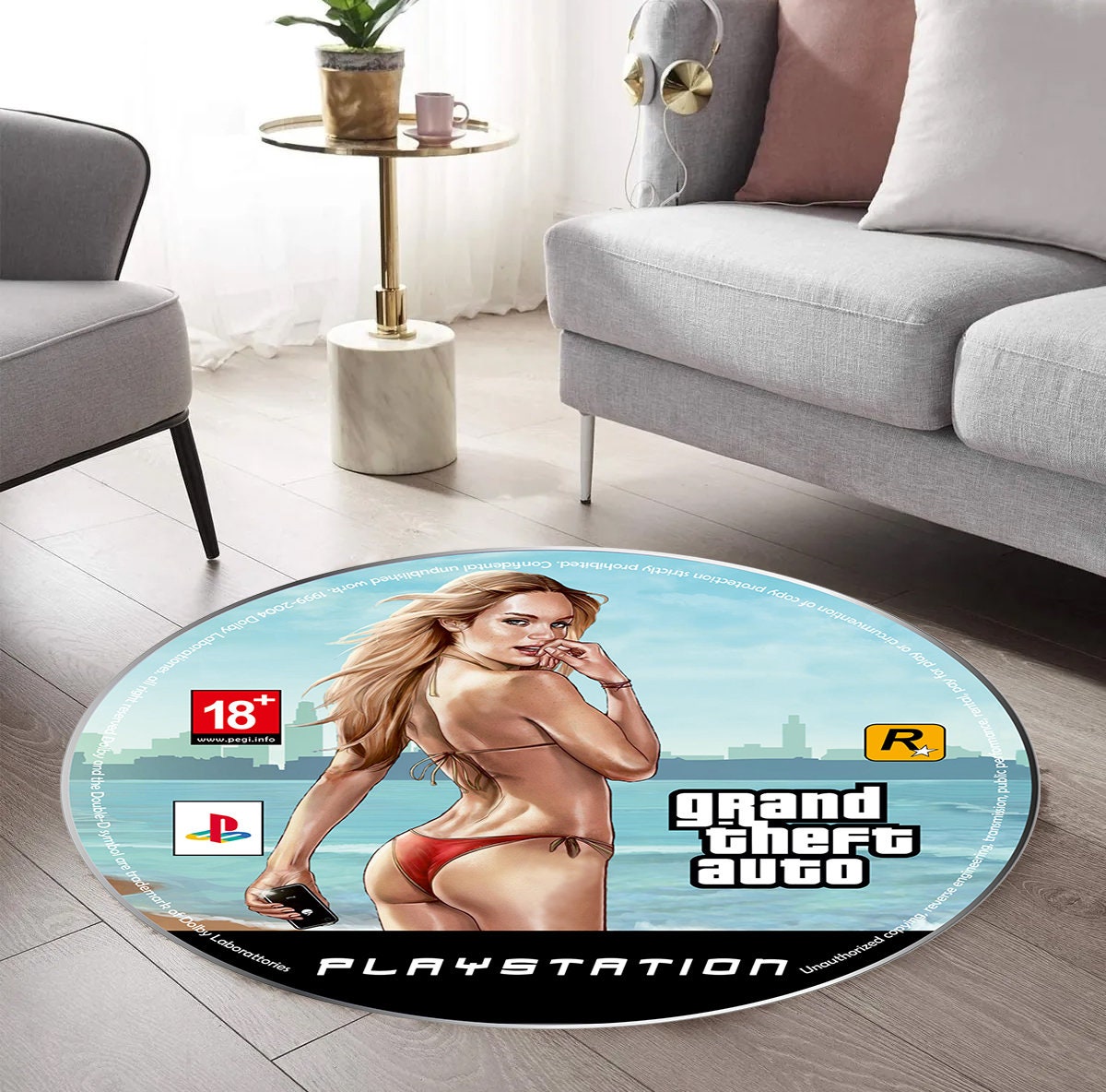 Just Rugging Rounded Rug Round Gta Inspired RugNon-Slip Rug Washable Mat Child Stain Resistant Living Room Kitchen Carpet
