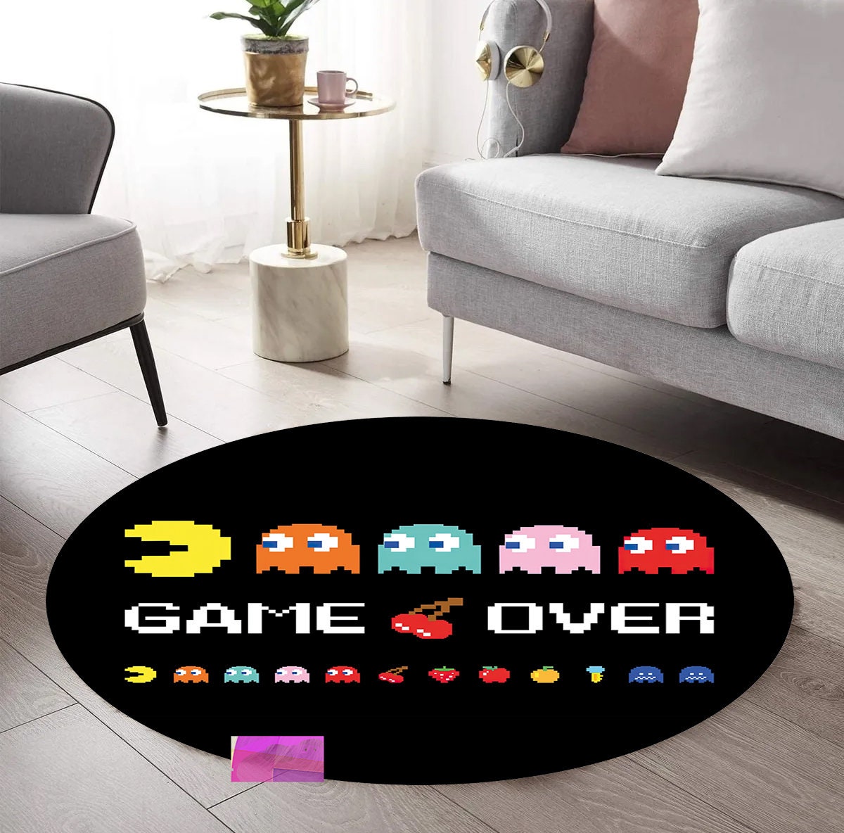 Just Rugging Rounded Rug Classic Retro Arcade Game Round RugNon-Slip Rug Washable Mat Child Stain Resistant Living Room Kitchen Carpet