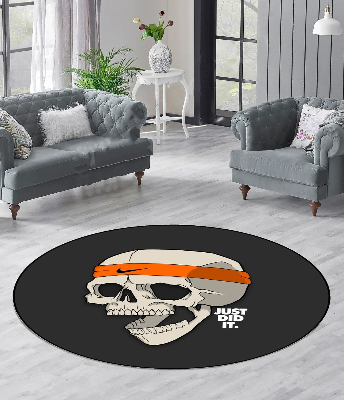 Just Rugging Rounded Rug Skull Art Round RugNon-Slip Rug Washable Mat Child Stain Resistant Living Room Kitchen Carpet