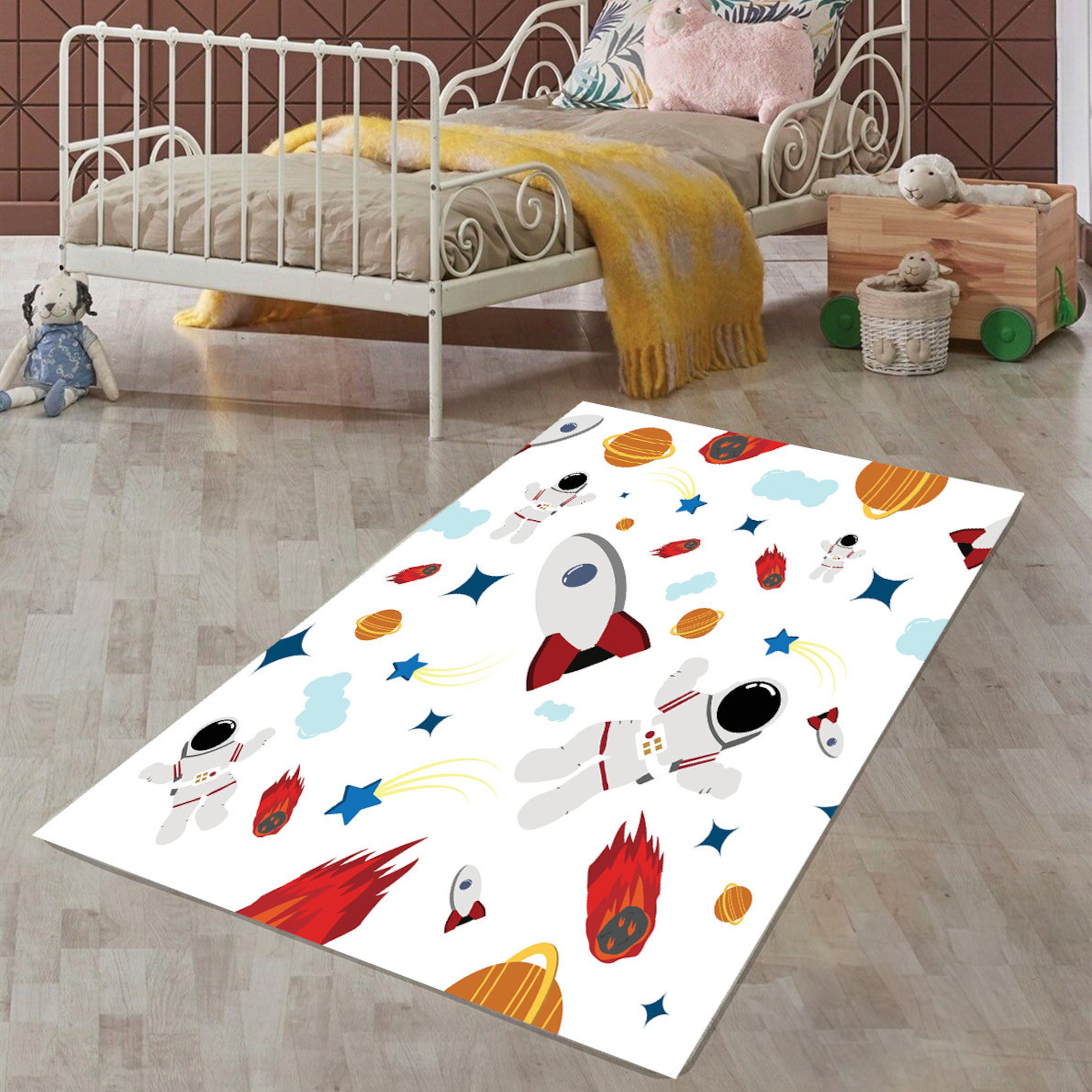 Just Rugging Non-Slip Rug Spacecraft Adventure Rug: Galaxy & Planet Design for Kids Room Washable Mat Child Stain Resistant Living Room Kitchen Carpet