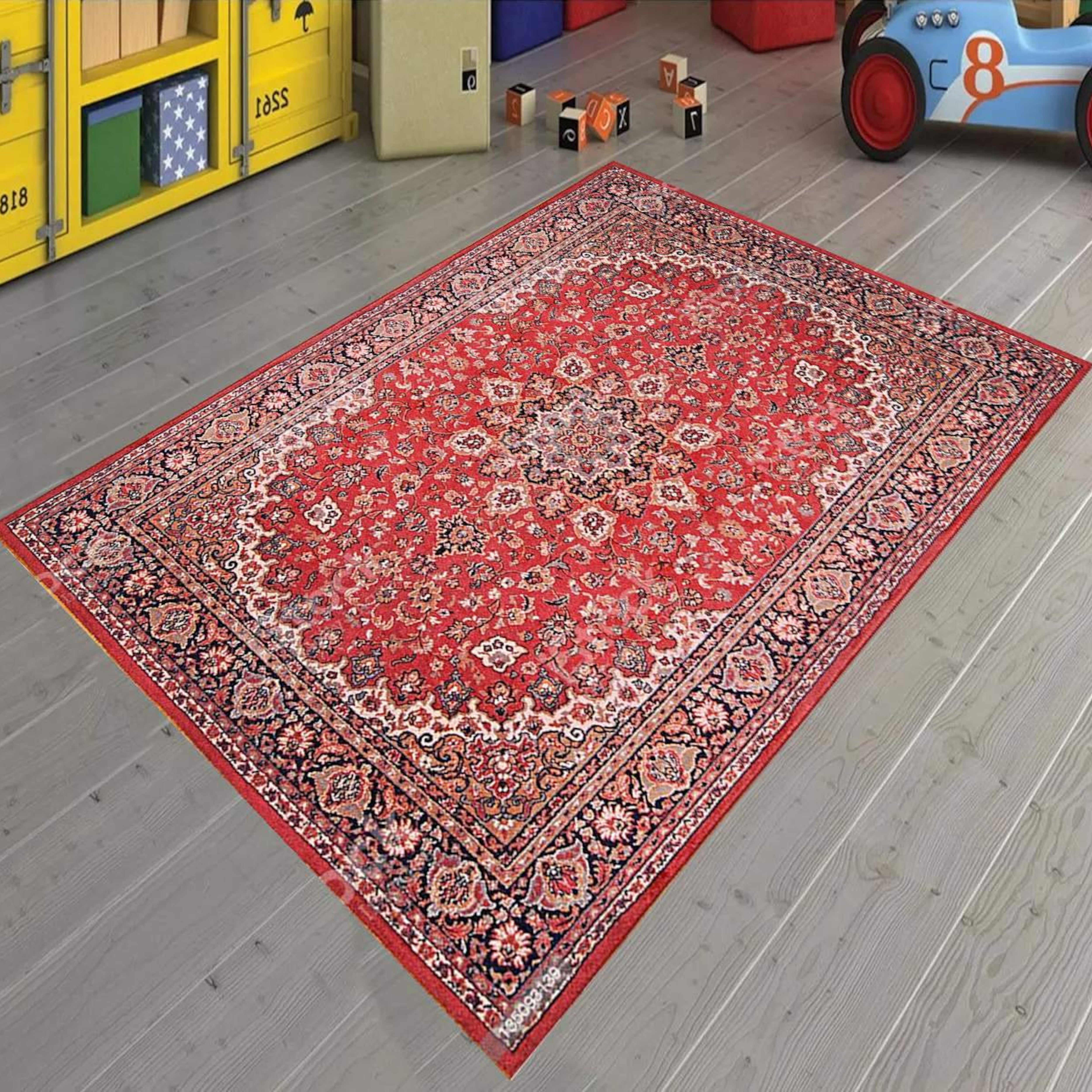 Just Rugging Non-Slip Rug Vintage Style Soft Red Area Rug Washable Mat Child Stain Resistant Living Room Kitchen Carpet