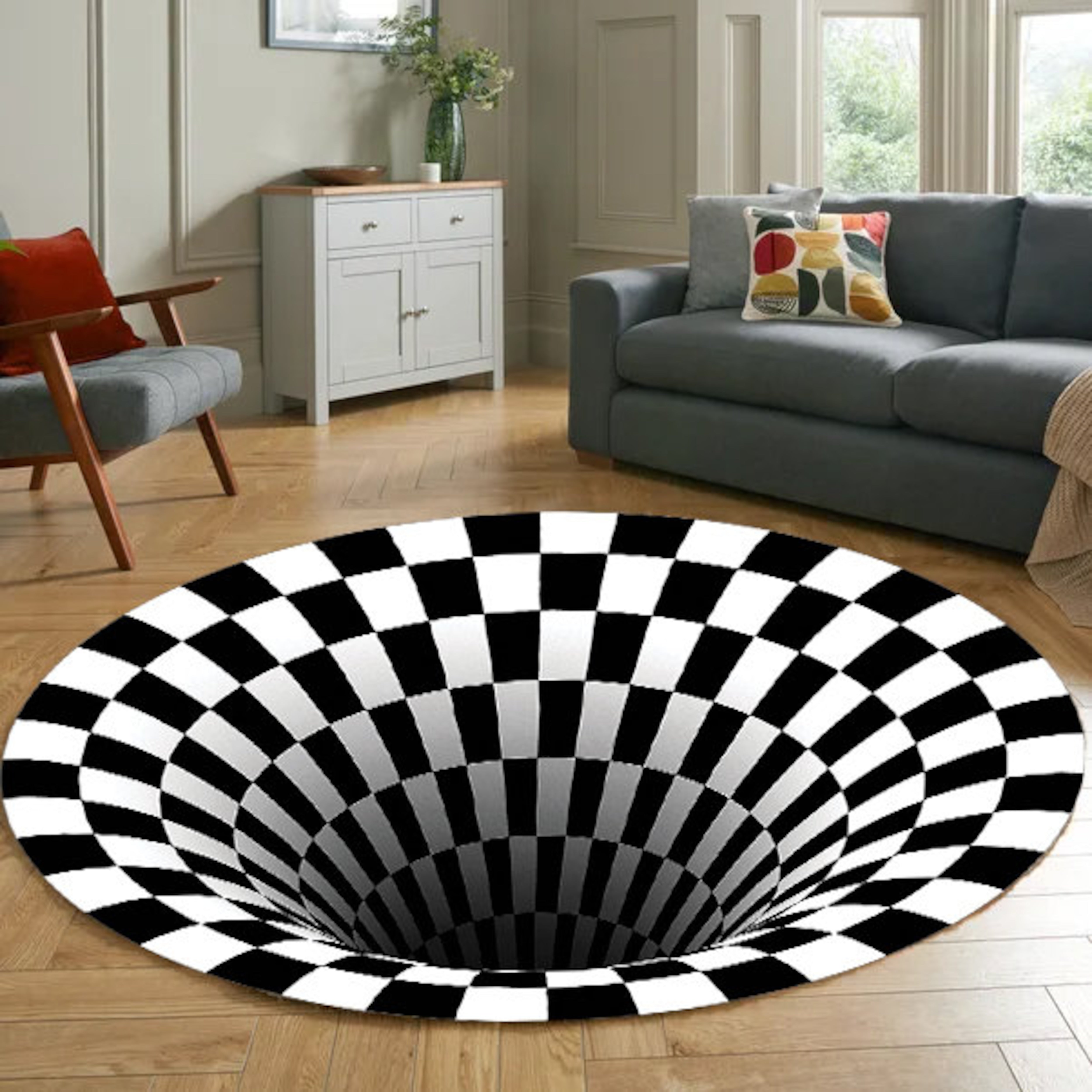 3D Vortex Swirl Rug: Optical Illusion Checkered Round Non-Slip Rug