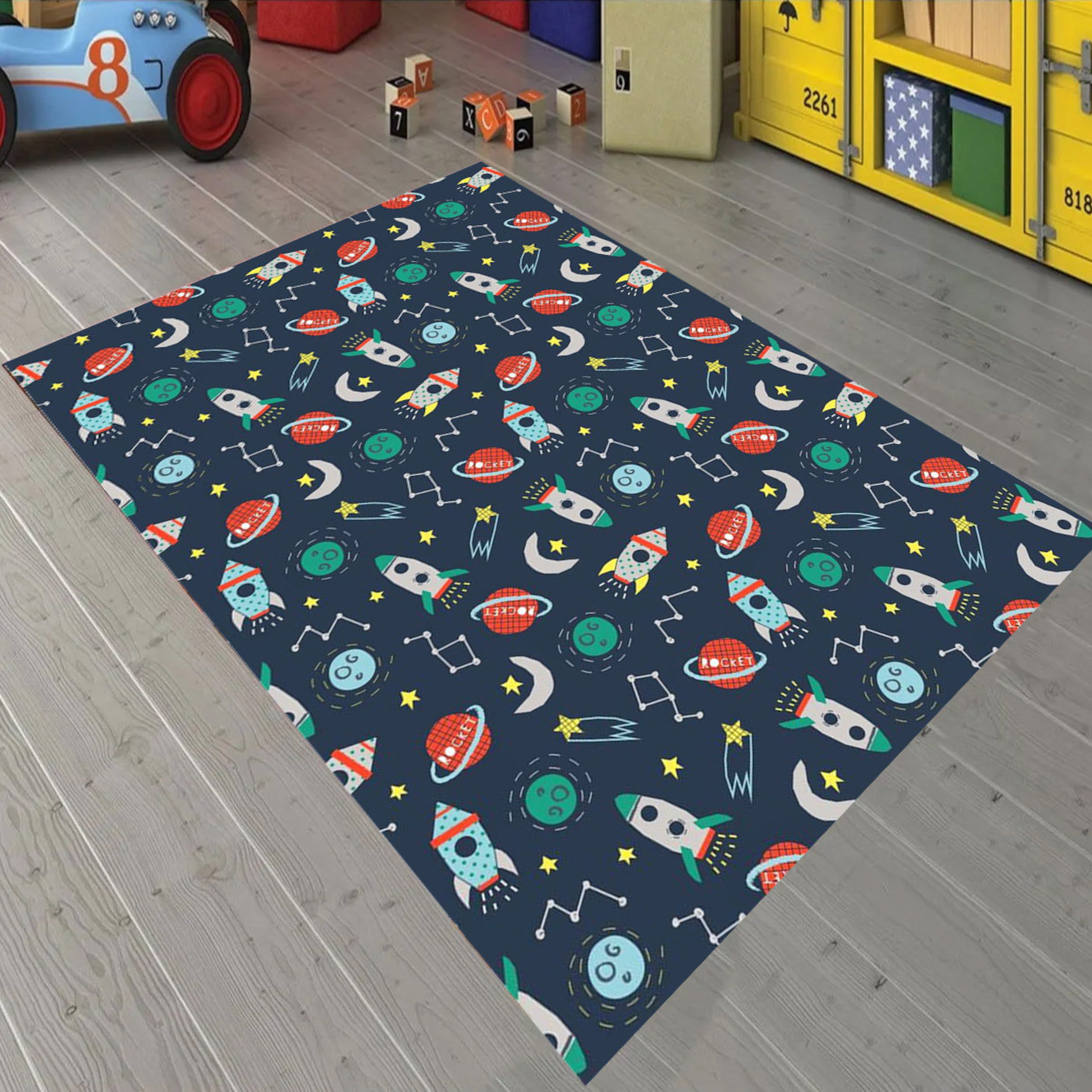 Just Rugging Non-Slip Rug Spacecraft Adventure Rug: Galaxy Planet Design Washable Mat Child Stain Resistant Living Room Kitchen Carpet