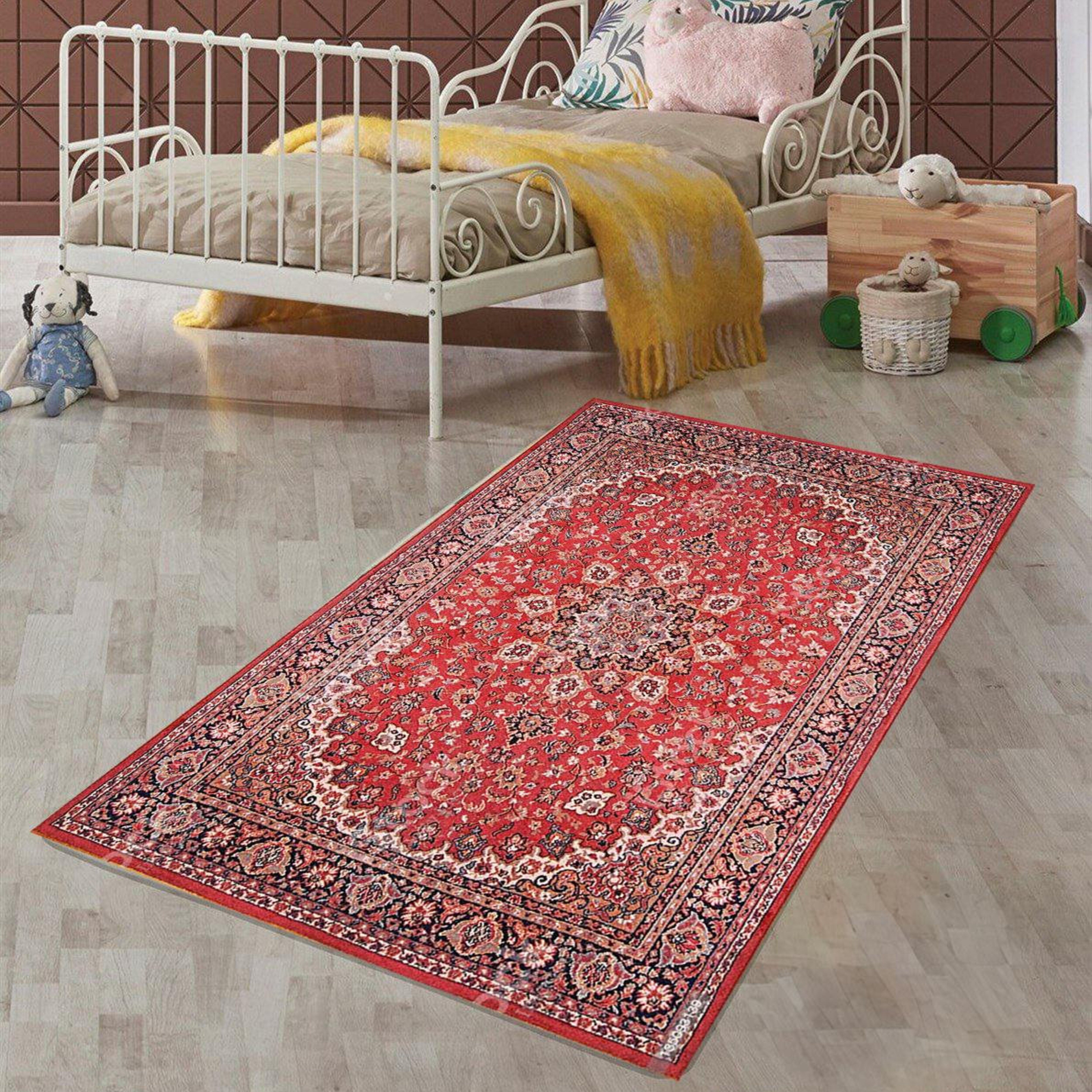 Just Rugging Non-Slip Rug Vintage Style Soft Red Area Rug Washable Mat Child Stain Resistant Living Room Kitchen Carpet