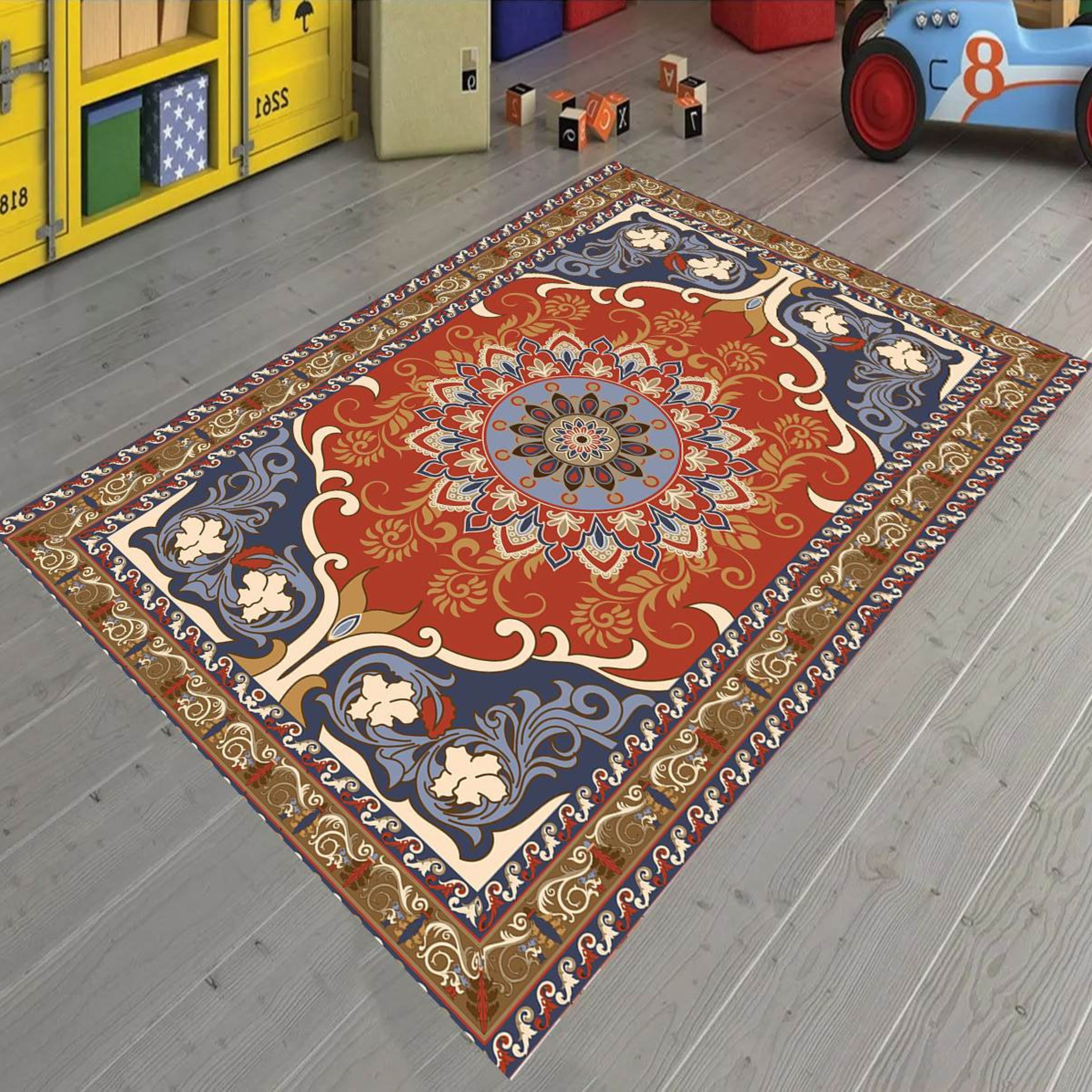 Just Rugging Non-Slip Rug Vintage Style Soft Red Rug Washable Mat Child Stain Resistant Living Room Kitchen Carpet